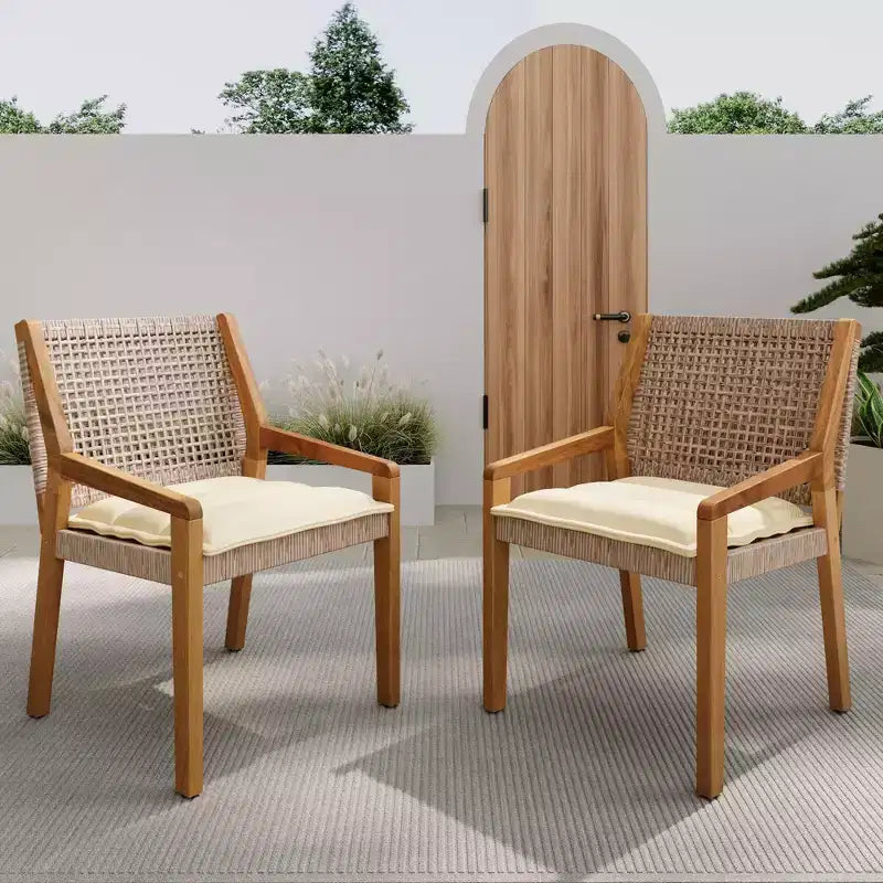 NAYSAYE Ensembles de Repas de Jardin en Bois d'Acacia avec Chaises de Repas en Osier et Coussins pour Jardin, Patio, Marron et Teck, 23,5*21,25*32
