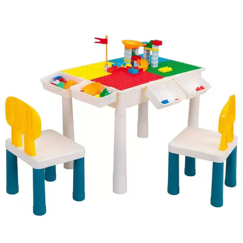 Sandinrayli Kid Activity Table Set w/2 Chairs & 100Pcs Lg Blocks, Compat w/Classic Blocks, Water/Sand & Building Block Table for Toddler (Primary)