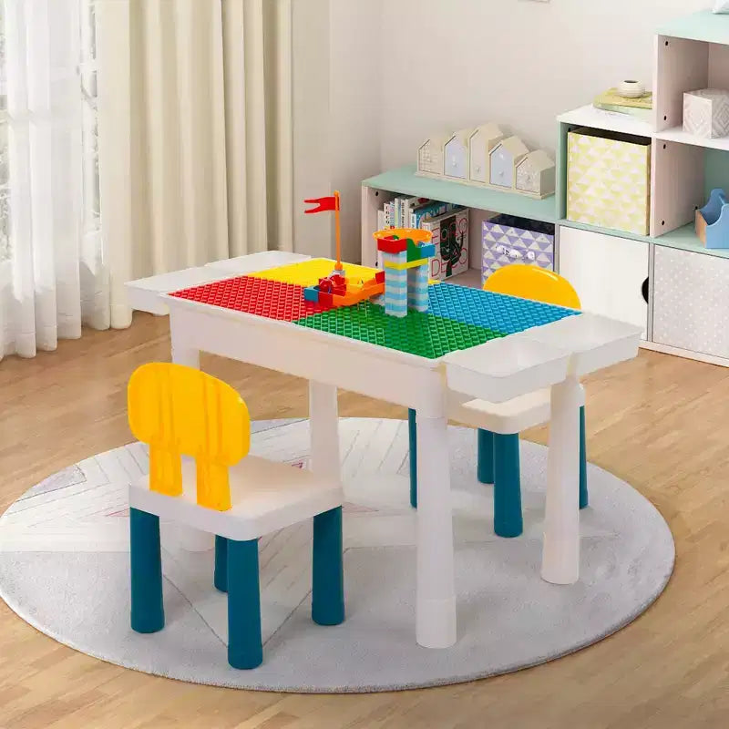 Sandinrayli Table d'activités pour enfants avec 2 chaises et 100 gros blocs, compatible avec les blocs classiques, table à eau/sable et blocs de construction pour tout-petits (Couleurs primaires)