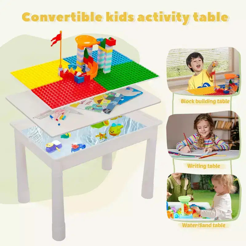 Sandinrayli Table d'activités pour enfants avec 2 chaises et 100 gros blocs, compatible avec les blocs classiques, table à eau/sable et blocs de construction pour tout-petits (Couleurs primaires)