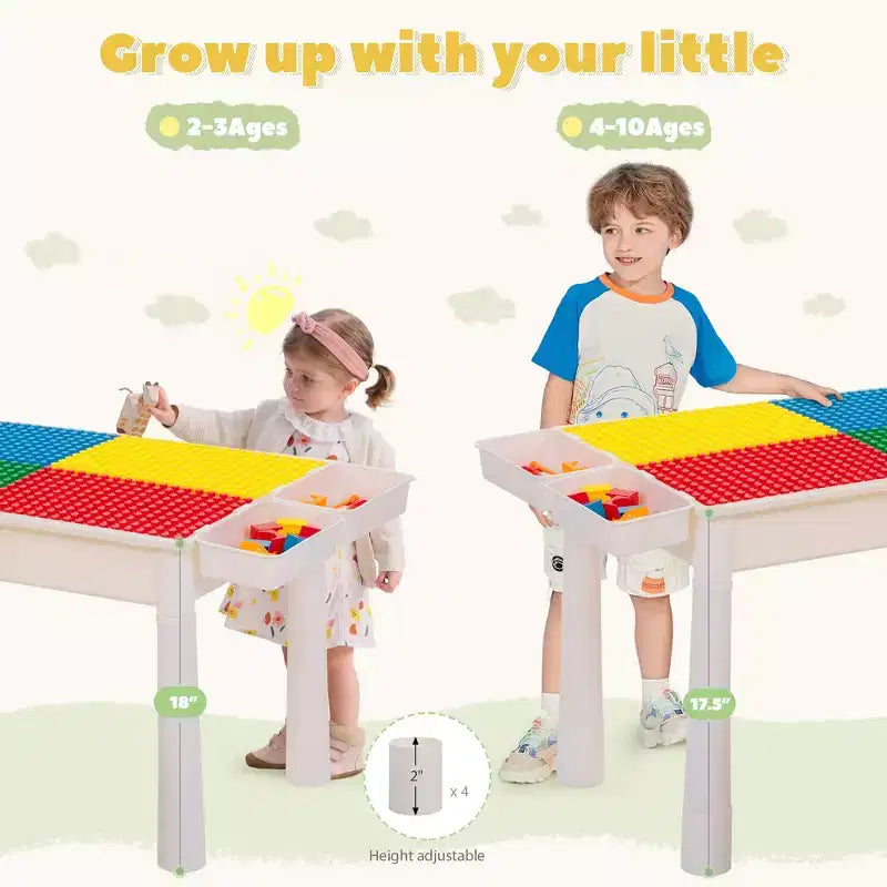 Sandinrayli Table d'activités pour enfants avec 2 chaises et 100 gros blocs, compatible avec les blocs classiques, table à eau/sable et blocs de construction pour tout-petits (Couleurs primaires)