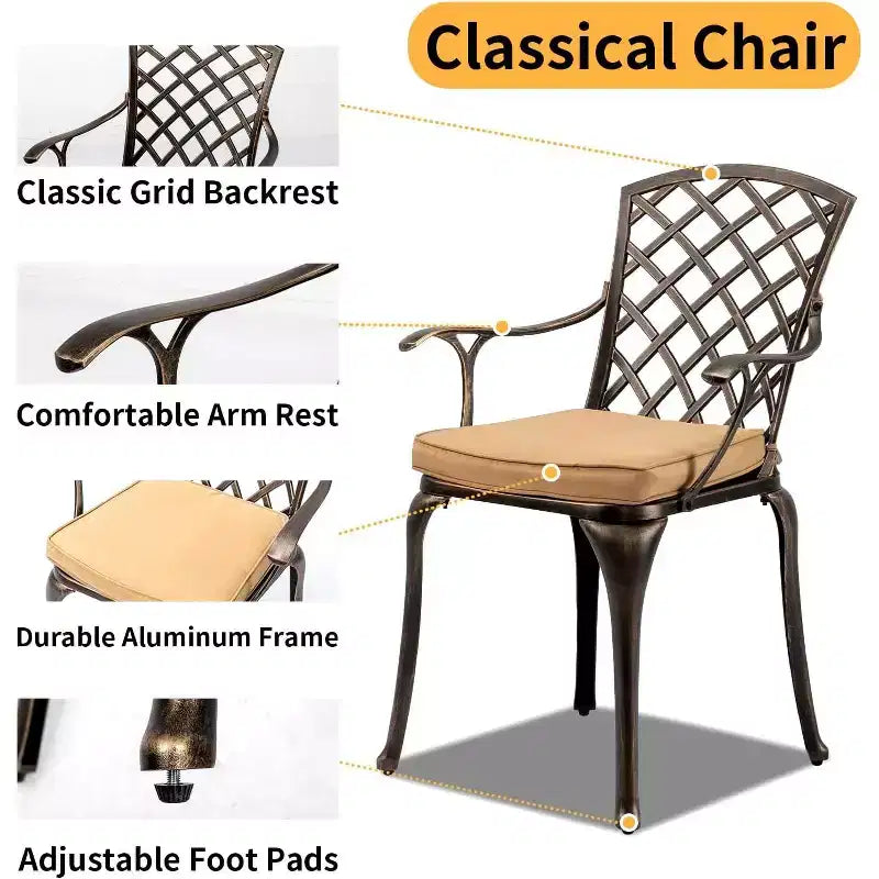 VINGLI Ensemble de salle à manger d'extérieur 5 pièces, Table et chaises d'extérieur tout temps en aluminium moulé avec coussin, ensembles de salle à manger de patio extérieurs
