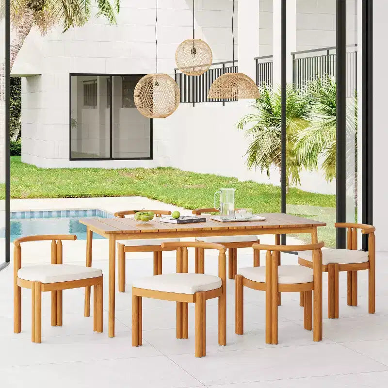 Christopher Knight Home Varkael Rustic 7 Piece Patio Acacia Wood Dining Set with Cushions
