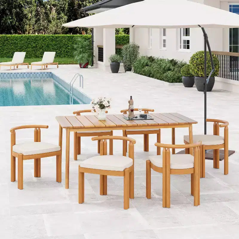 Christopher Knight Home Varkael Ensemble de salle à manger d'extérieur rustique 7 pièces en bois d'acacia avec coussins