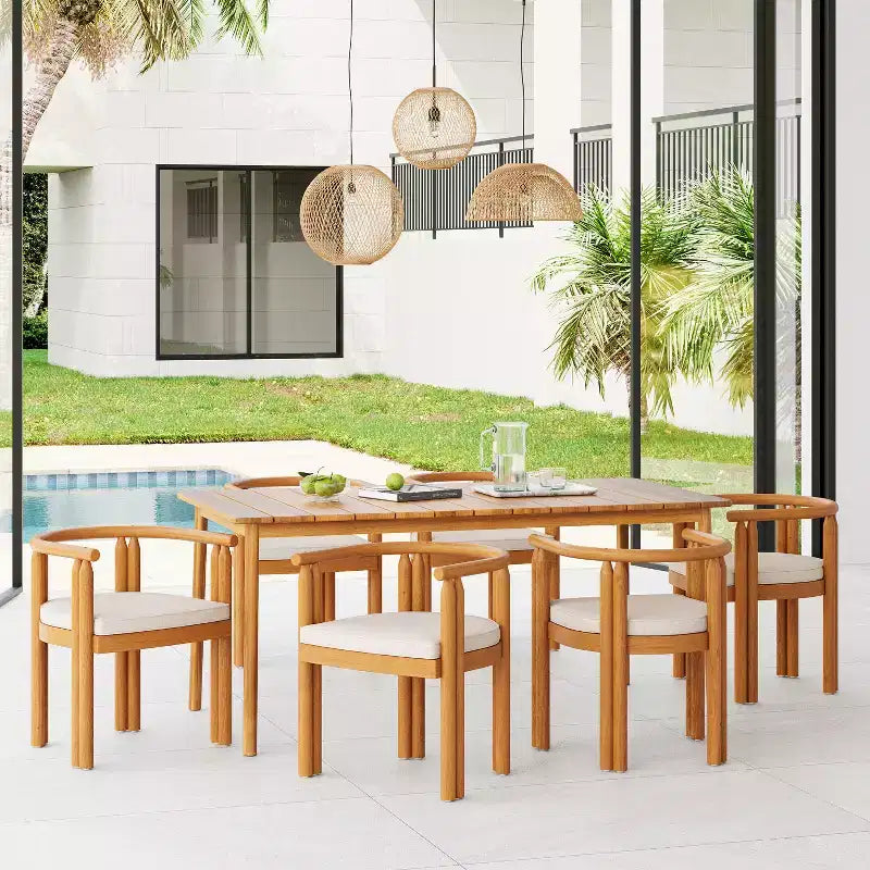 Christopher Knight Home Mordak Rustic 7 Piece Patio Acacia Wood Dining Set with Cushions