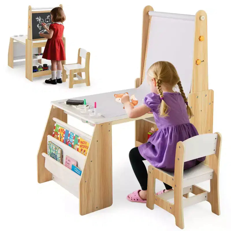 Costway Table et Chaise pour Enfants avec Chevalet, Tableau Blanc, Tableau Noir et Rouleau de Papier