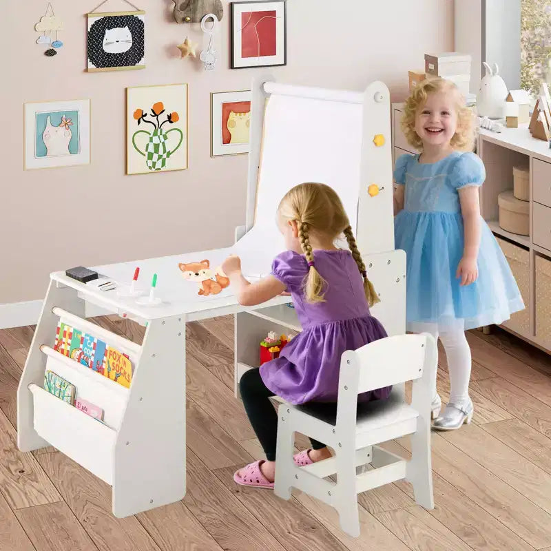 Costway Table et Chaise pour Enfants avec Chevalet, Tableau Blanc, Tableau Noir et Rouleau de Papier