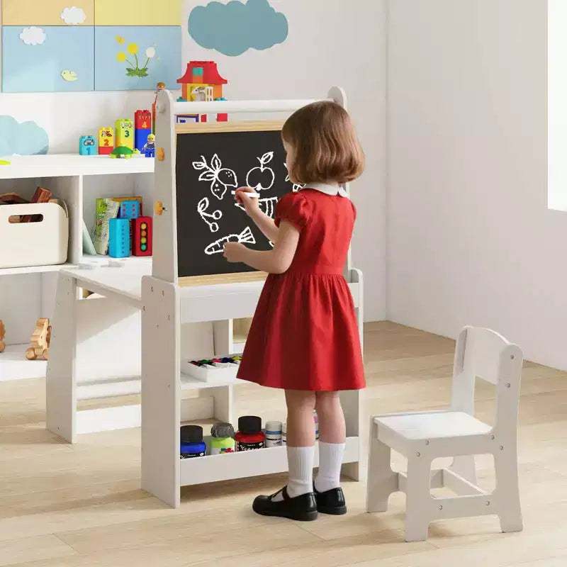 Costway Table et Chaise pour Enfants avec Chevalet, Tableau Blanc, Tableau Noir et Rouleau de Papier