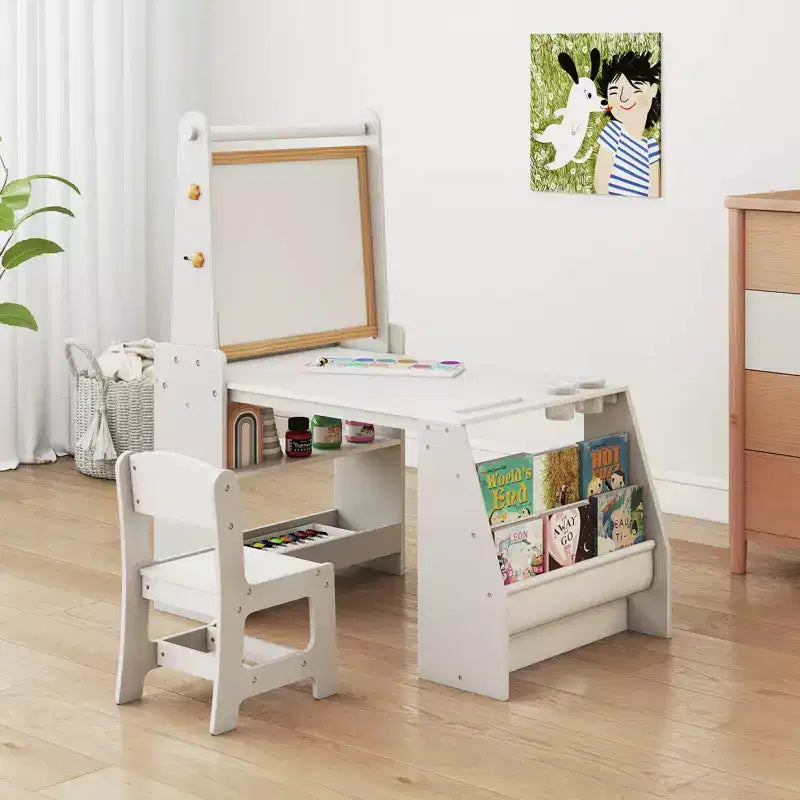 Costway Table et Chaise pour Enfants avec Chevalet, Tableau Blanc, Tableau Noir et Rouleau de Papier