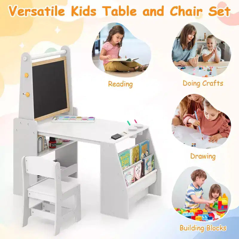 Costway Table et Chaise pour Enfants avec Chevalet, Tableau Blanc, Tableau Noir et Rouleau de Papier