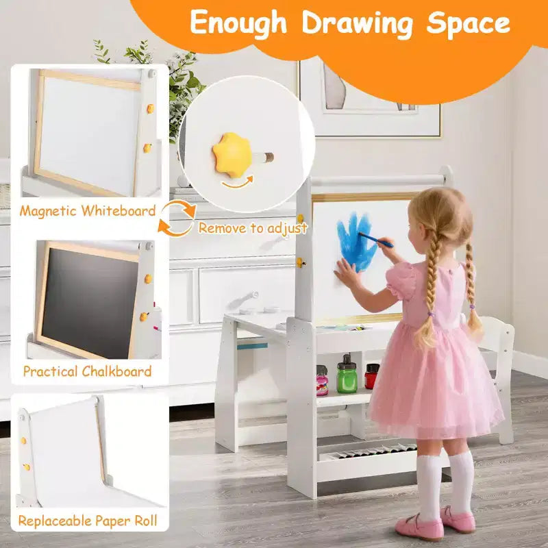 Costway Table et Chaise pour Enfants avec Chevalet, Tableau Blanc, Tableau Noir et Rouleau de Papier