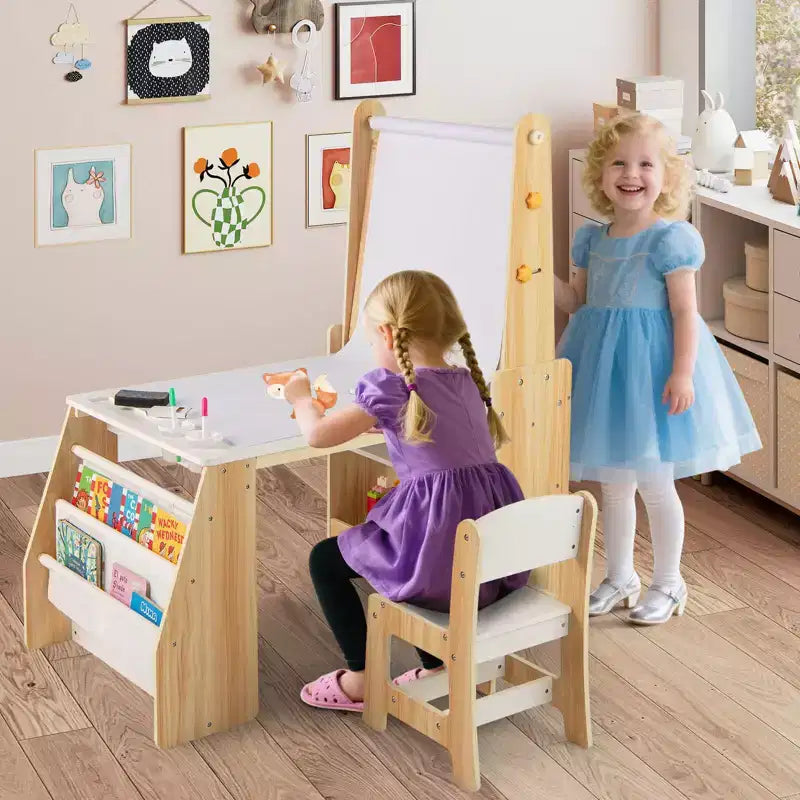Costway Table et Chaise pour Enfants avec Chevalet, Tableau Blanc, Tableau Noir et Rouleau de Papier