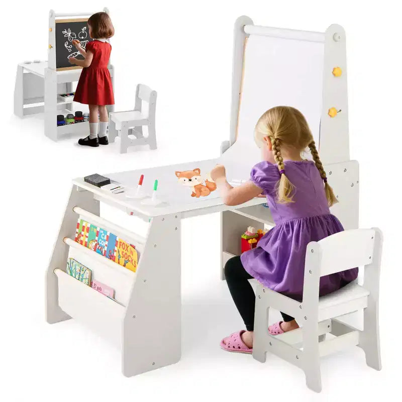 Costway Table et Chaise pour Enfants avec Chevalet, Tableau Blanc, Tableau Noir et Rouleau de Papier