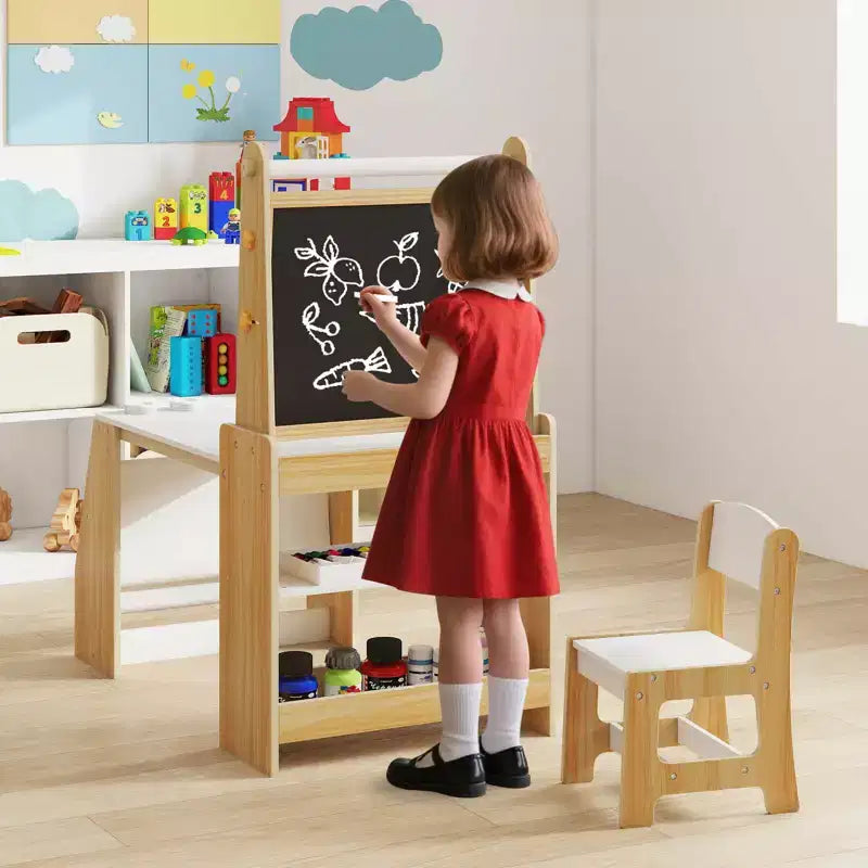 Costway Table et Chaise pour Enfants avec Chevalet, Tableau Blanc, Tableau Noir et Rouleau de Papier