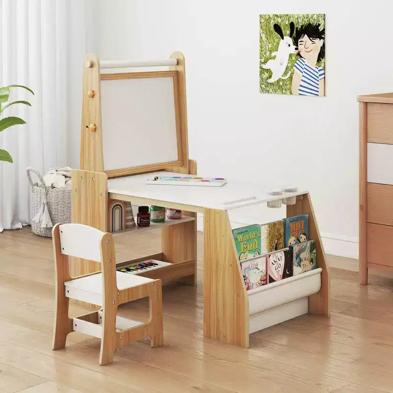 Costway Table et Chaise pour Enfants avec Chevalet, Tableau Blanc, Tableau Noir et Rouleau de Papier