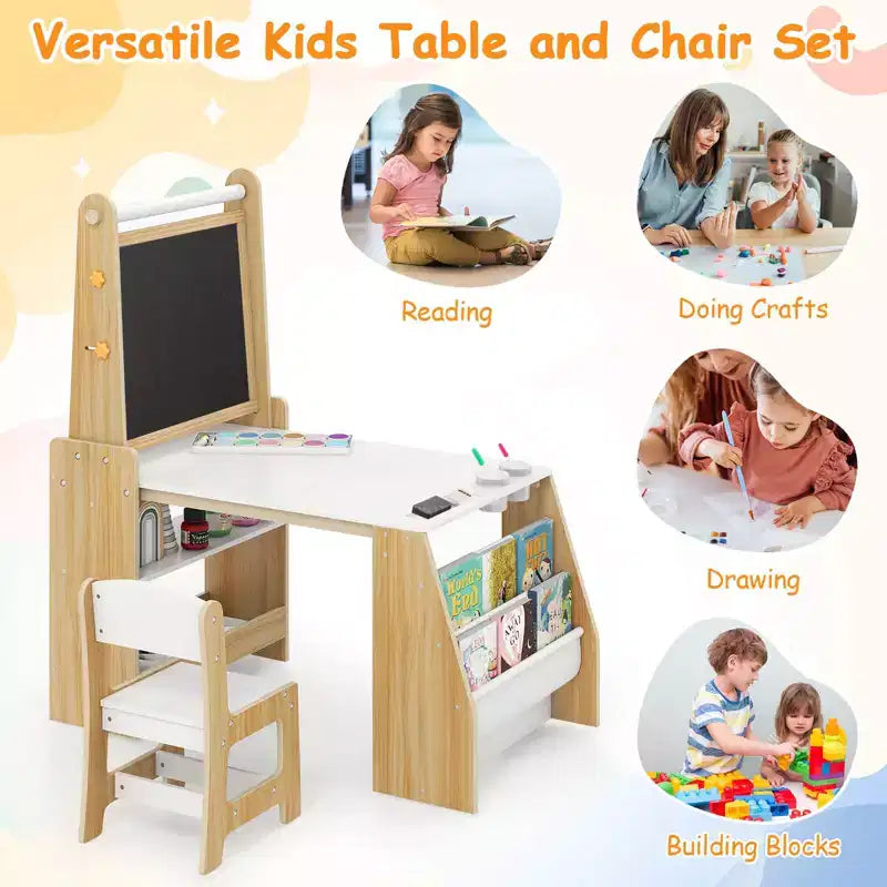 Costway Table et Chaise pour Enfants avec Chevalet, Tableau Blanc, Tableau Noir et Rouleau de Papier