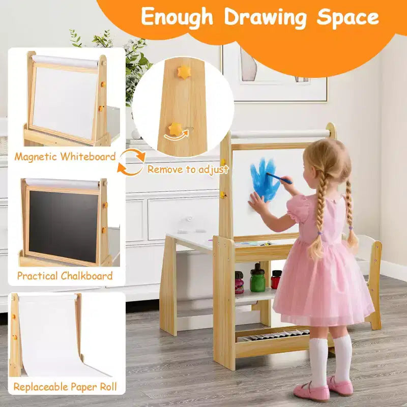 Costway Table et Chaise pour Enfants avec Chevalet, Tableau Blanc, Tableau Noir et Rouleau de Papier