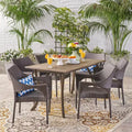 GDFStudio Outdoor Wicker and Acacia Wood and Wicker 7 Piece Dining Set