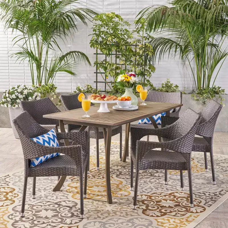 GDFStudio Outdoor Wicker and Acacia Wood and Wicker 7 Piece Dining Set