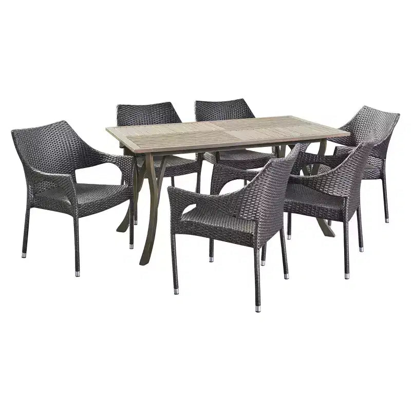 Ensemble de salle à manger GDFStudio 7 pièces en osier et bois d'acacia pour extérieur