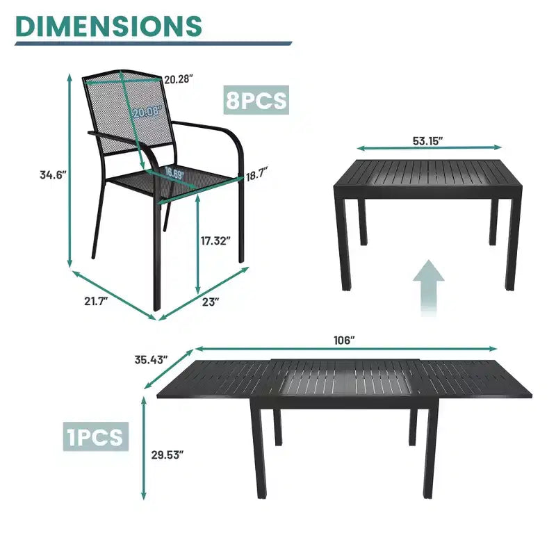 Ensemble de salle à manger d'extérieur Mondawe 9 pièces en aluminium extensible, avec table télescopique et chaises en maille