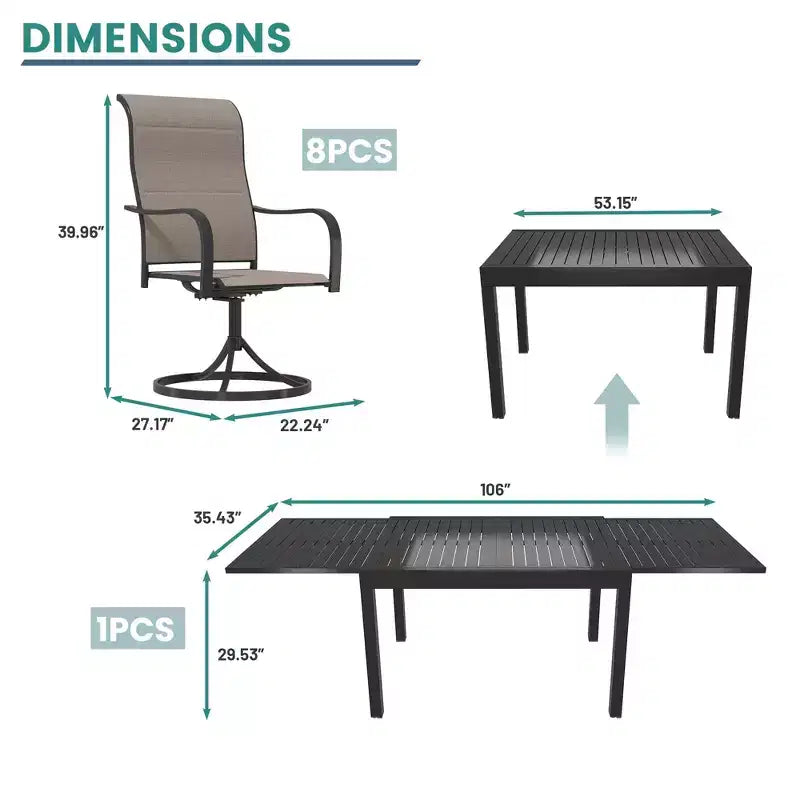 Ensemble de salle à manger d'extérieur Mondawe 9 pièces, avec 1 table rectangulaire extensible et 8 chaises de patio pivotantes à 360 degrés