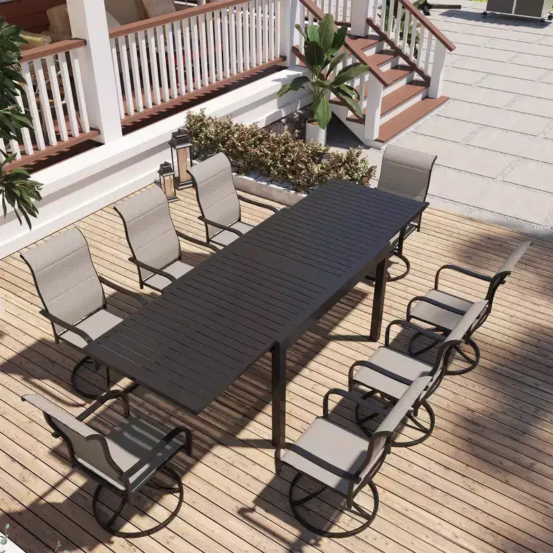 Ensemble de salle à manger d'extérieur Mondawe 9 pièces, avec 1 table rectangulaire extensible et 8 chaises de patio pivotantes à 360 degrés