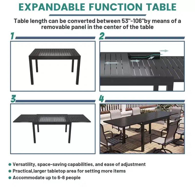 Ensemble de salle à manger d'extérieur Mondawe 9 pièces, avec 1 table rectangulaire extensible et 8 chaises de patio pivotantes à 360 degrés