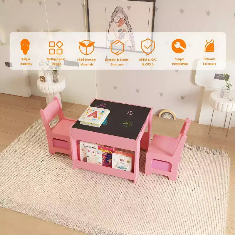 Ensemble Table d'activités 4-en-1 avec plateau amovible, table avec tiroirs et étagère, mobilier multifonctionnel pour tout-petits pour le dessin et la lecture