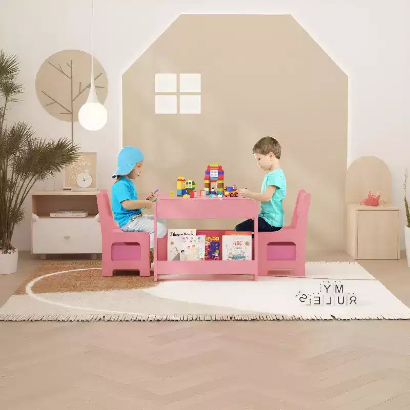 Ensemble Table d'activités 4-en-1 avec plateau amovible, table avec tiroirs et étagère, mobilier multifonctionnel pour tout-petits pour le dessin et la lecture