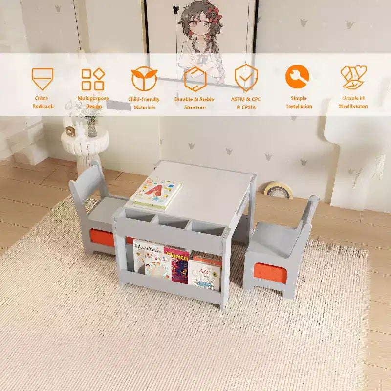 Ensemble Table d'activités 4-en-1 avec plateau amovible, table avec tiroirs et étagère, mobilier multifonctionnel pour tout-petits pour le dessin et la lecture