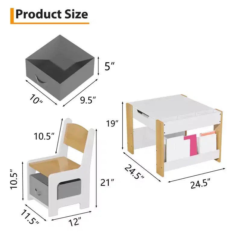 Ensemble Table d'activités 4-en-1 avec plateau amovible, table avec tiroirs et étagère, mobilier multifonctionnel pour tout-petits pour le dessin et la lecture