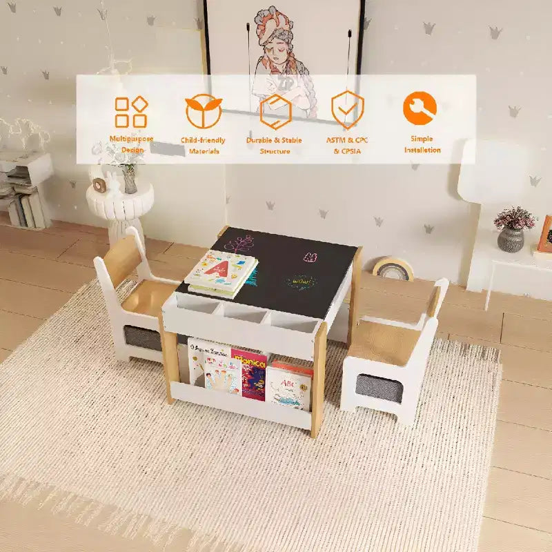 Ensemble Table d'activités 4-en-1 avec plateau amovible, table avec tiroirs et étagère, mobilier multifonctionnel pour tout-petits pour le dessin et la lecture