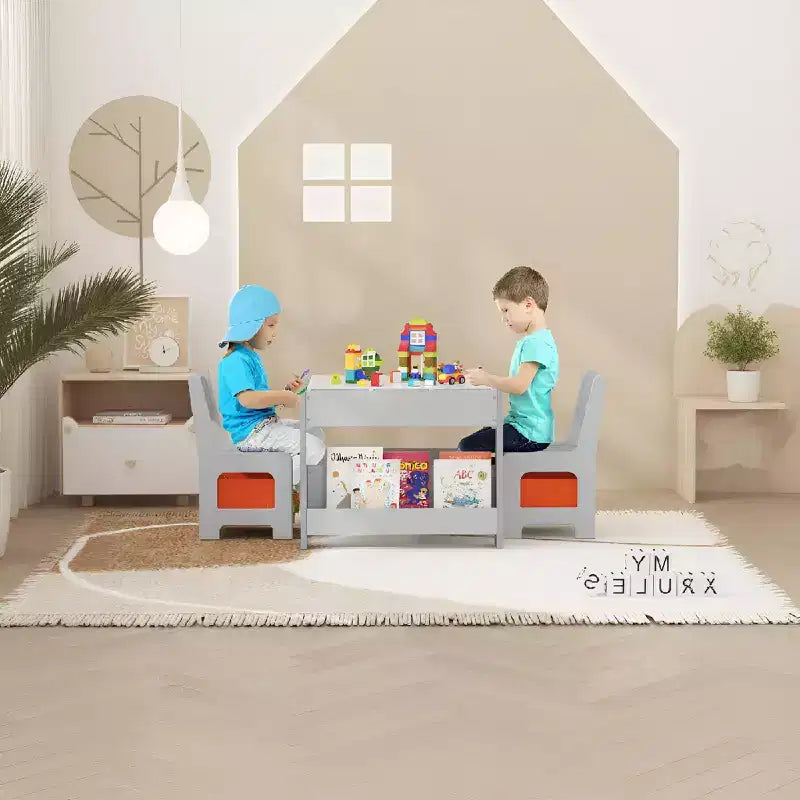 Ensemble Table d'activités 4-en-1 avec plateau amovible, table avec tiroirs et étagère, mobilier multifonctionnel pour tout-petits pour le dessin et la lecture