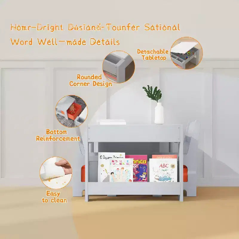 Ensemble Table d'activités 4-en-1 avec plateau amovible, table avec tiroirs et étagère, mobilier multifonctionnel pour tout-petits pour le dessin et la lecture