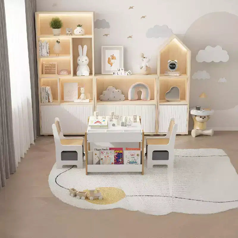 Ensemble Table d'activités 4-en-1 avec plateau amovible, table avec tiroirs et étagère, mobilier multifonctionnel pour tout-petits pour le dessin et la lecture