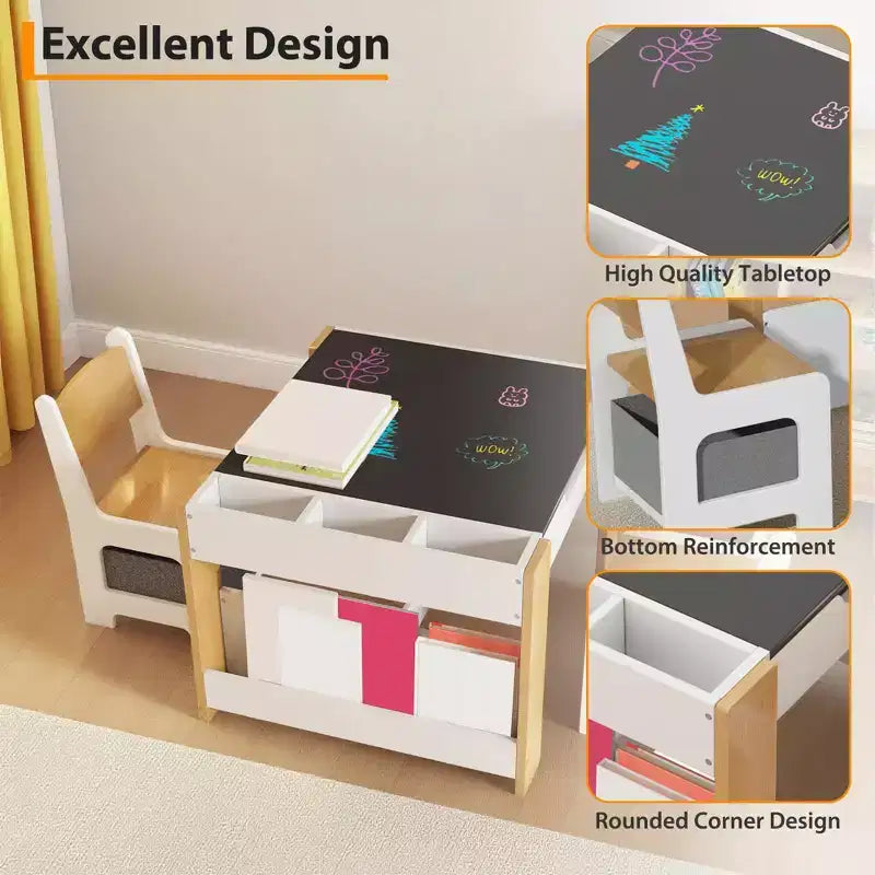 Ensemble Table d'activités 4-en-1 avec plateau amovible, table avec tiroirs et étagère, mobilier multifonctionnel pour tout-petits pour le dessin et la lecture
