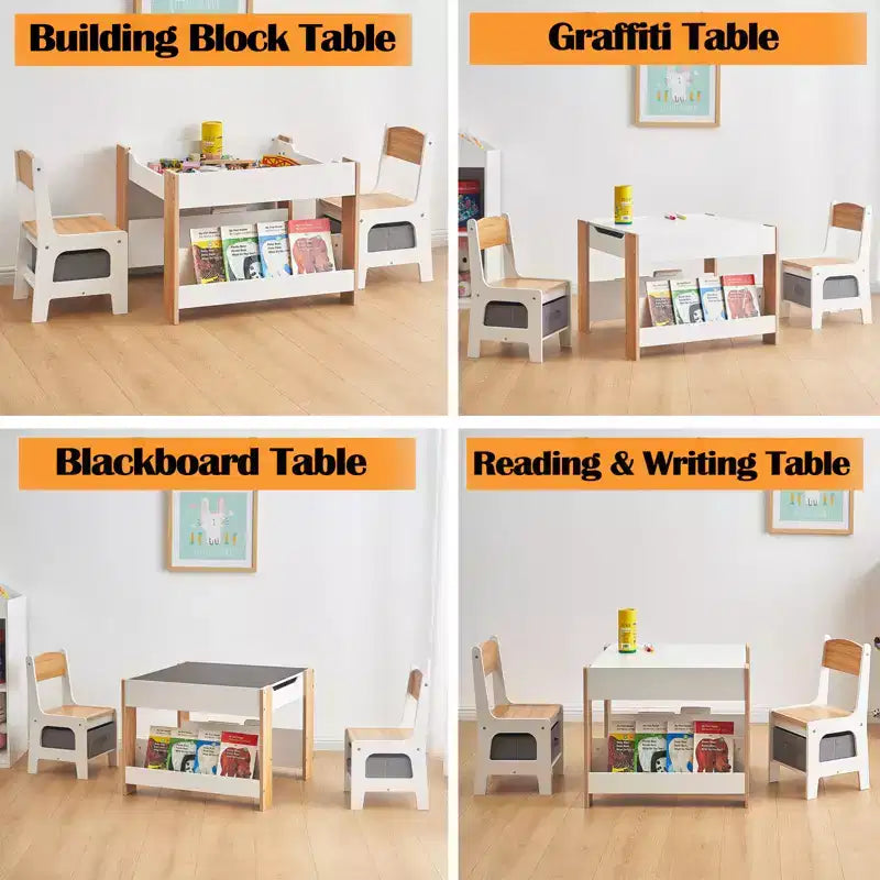 Ensemble Table d'activités 4-en-1 avec plateau amovible, table avec tiroirs et étagère, mobilier multifonctionnel pour tout-petits pour le dessin et la lecture