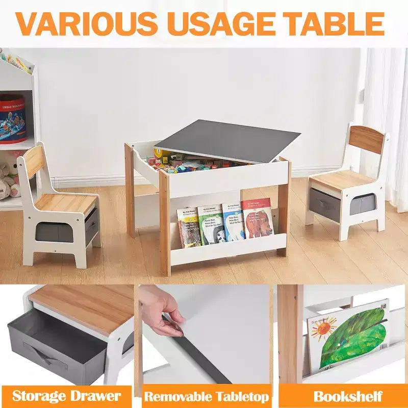 Ensemble Table d'activités 4-en-1 avec plateau amovible, table avec tiroirs et étagère, mobilier multifonctionnel pour tout-petits pour le dessin et la lecture