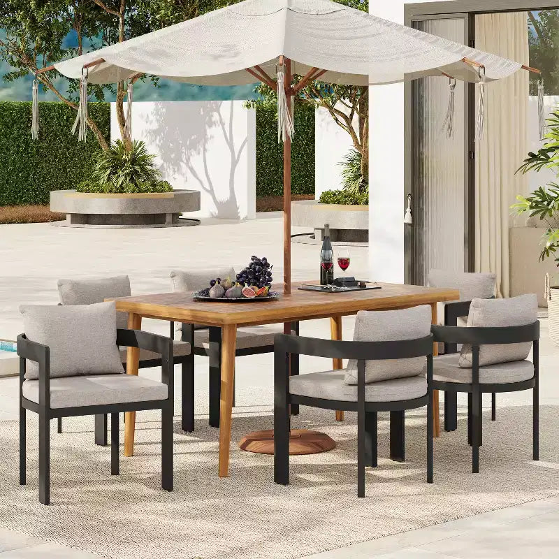 Christopher Knight Home Ofer 7 Pieces Aluminum and Acacia Wood Dining Set