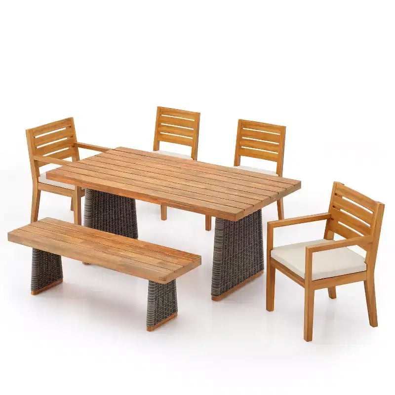 Ensemble de salle à manger d'extérieur rustique Christopher Knight Home Juliette 7 pièces en rotin et bois d'acacia à lattes avec coussins
