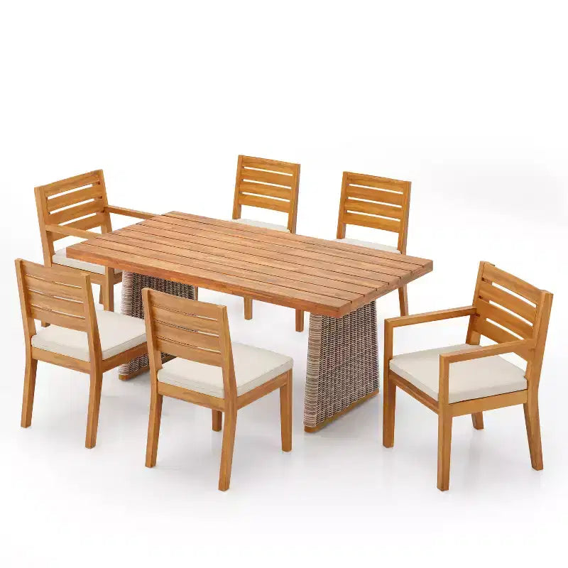 Ensemble de salle à manger d'extérieur rustique Christopher Knight Home Juliette 7 pièces en rotin et bois d'acacia à lattes avec coussins
