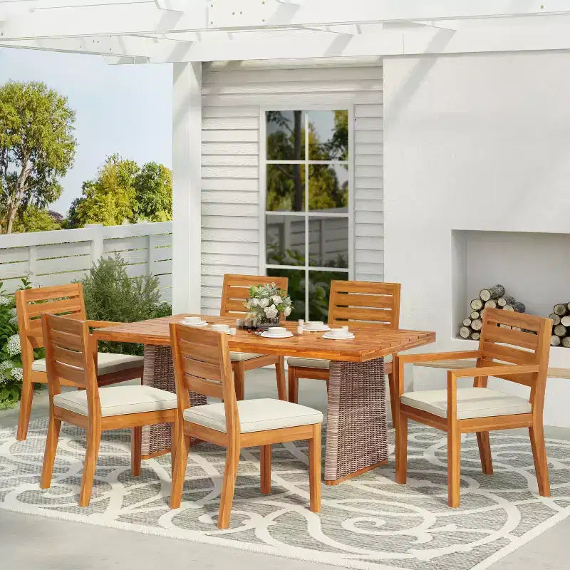 Christopher Knight Home Juliette Rustic 7 Piece Outdoor Rattan Acacia Wood Slatted Dining Set with Cushions