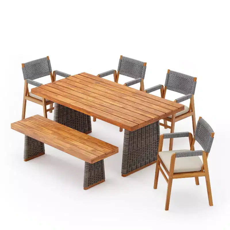 Christopher Knight Home Amara Ensemble de salle à manger d'extérieur rustique 6 pièces en bois d'acacia avec table à lattes en rotin et coussins