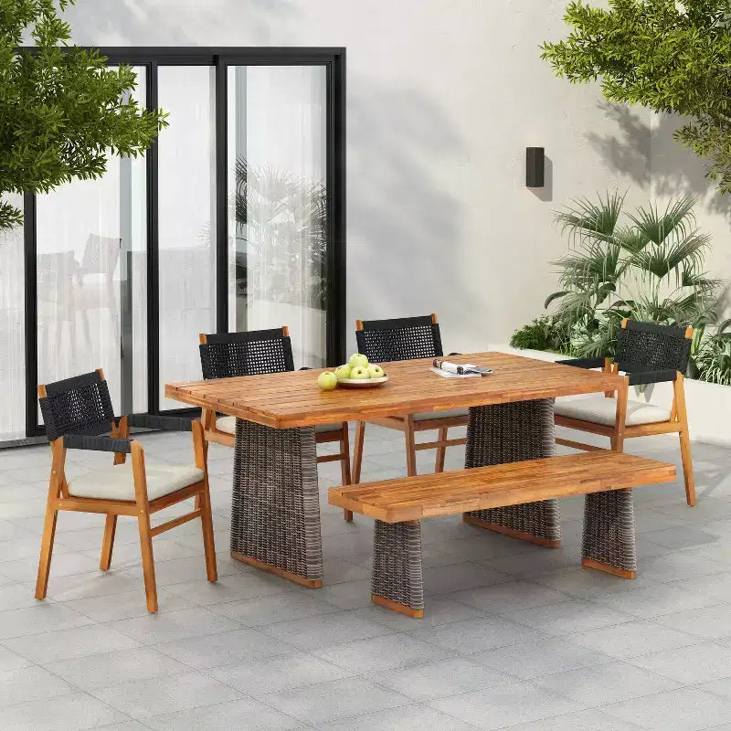 Christopher Knight Home Amara Rustic 6 Piece Outdoor Acacia Wood Dining Set with Rattan Slatted Table and Cushions