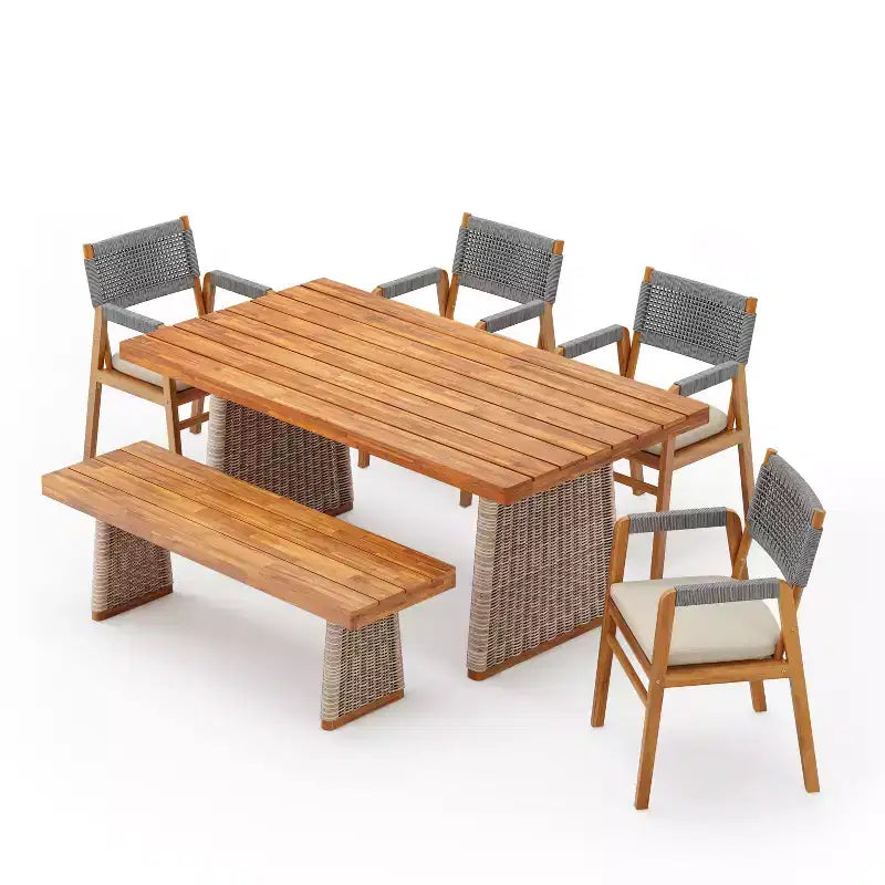 Ensemble de salle à manger d'extérieur rustique 6 pièces Christopher Knight Home Liliana en bois d'acacia avec table à lattes en rotin et coussins