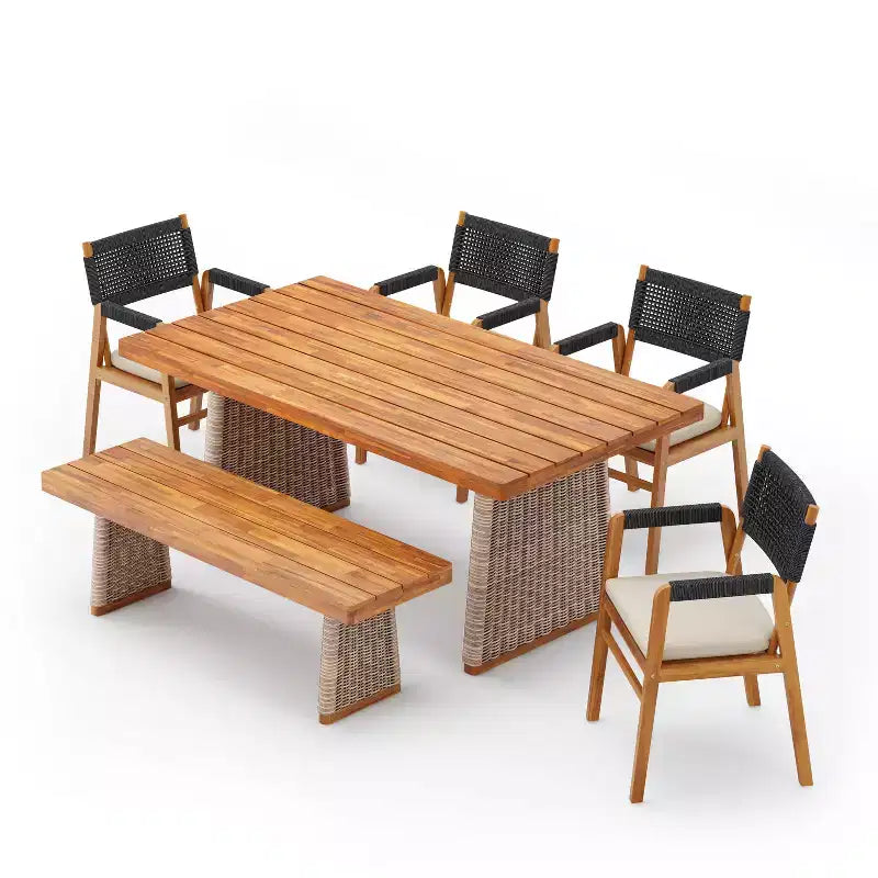 Ensemble de salle à manger d'extérieur rustique 6 pièces Christopher Knight Home Liliana en bois d'acacia avec table à lattes en rotin et coussins