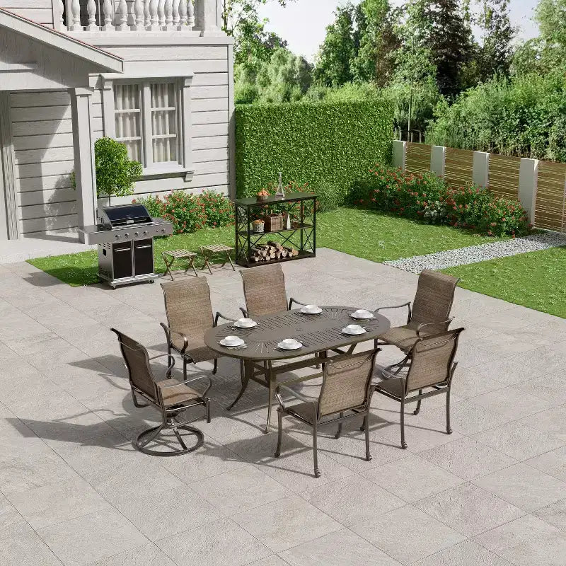 Mondawe – Ensemble de salle à manger d'extérieur 7 pièces en aluminium moulé avec 2 chaises pivotantes, 4 fauteuils et 1 table ovale
