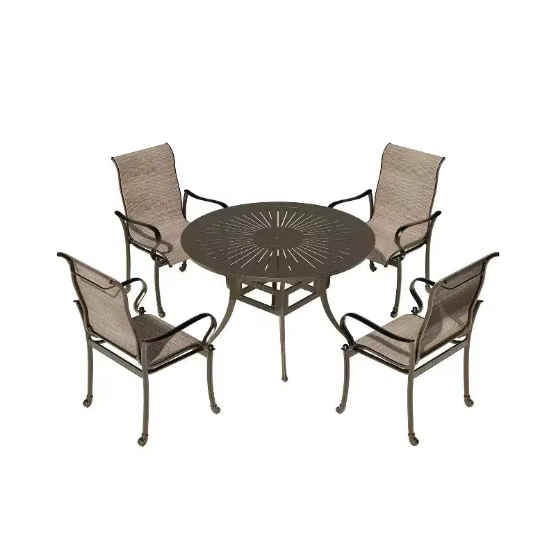 Ensemble de salle à manger d'extérieur Mondawe 5 pièces avec table ronde de 135 cm de large et 4 fauteuils