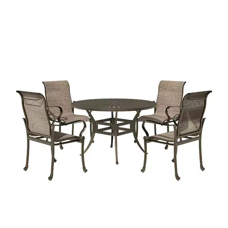 Ensemble de salle à manger d'extérieur Mondawe 5 pièces avec table ronde de 135 cm de large et 4 fauteuils